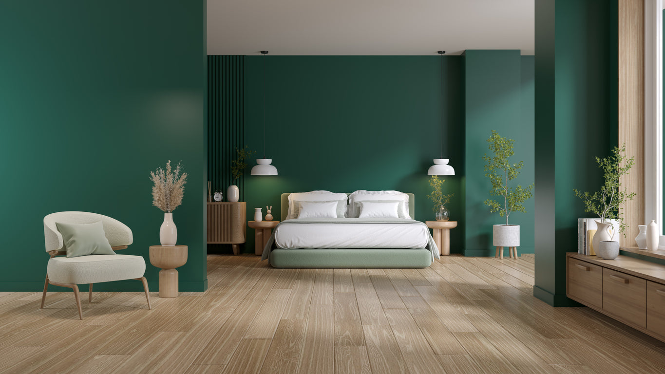 Societe de peintre en batiment en Haute-Savoie, La Haute Peinture realise la peinture et la decoration d'une chambre moderne avec murs vert profond, finitions soignees, parquet en bois et ambiance elegante pour un interieur contemporain.