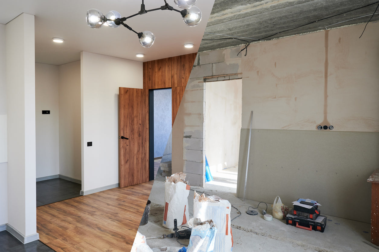 Avant / après d'une rénovation intérieure d'appartement à Thonon-les-Bains en Haute-Savoie. Transformation complète des espaces avec peinture des murs et plafonds, pose de parquet, portes intérieures, éclairage encastré, finitions soignées et aménagement moderne réalisés par La Haute Peinture.