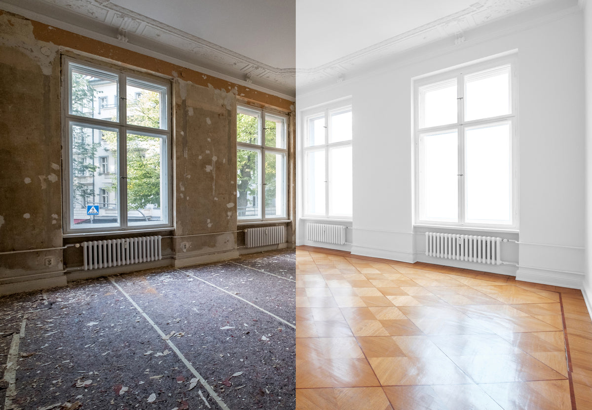 Avant / après d'une rénovation complète d'appartement à Annemasse en Haute-Savoie par La Haute Peinture. Travaux de peinture intérieure, préparation des murs, rénovation des plafonds, remise en état des boiseries et parquet, finitions haut de gamme pour un intérieur lumineux, moderne et durable.