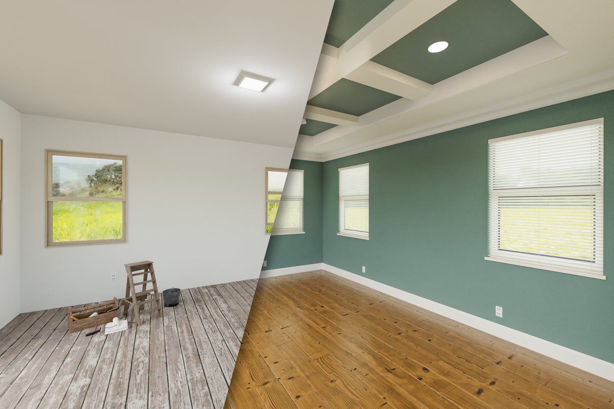Comparatif avant/après de la rénovation d'une pièce en Haute-Savoie avec application de peinture murale verte, plafond décoratif à caissons blancs et pose d'un parquet en bois, réalisé par La Haute Peinture.