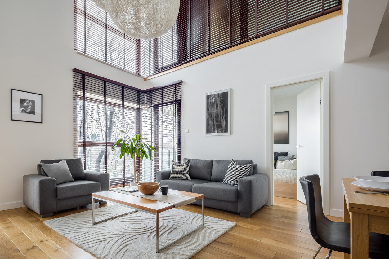 Societe de peintre en batiment en Haute-Savoie, La Haute Peinture realise la renovation et la peinture d'un salon moderne avec murs parfaitement finis, decoration interieure soignee, parquet en bois et finitions haut de gamme.